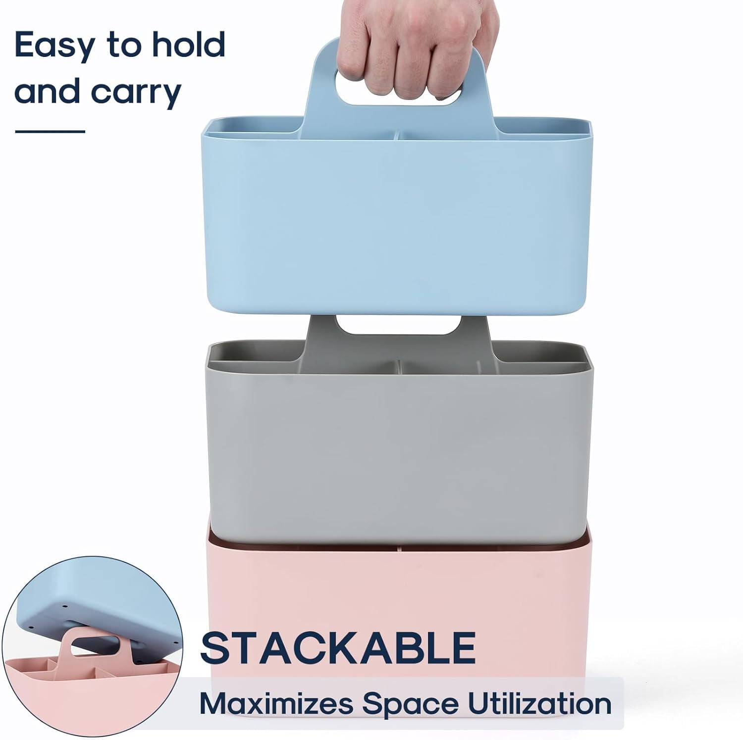 Multiuse Caddy Organizer with Handle - Stackable Plastic Tote Bin - Art Craft Supplies, Office, Desk, Stationery Pen Holder, Kitchen, Utensil, Makeup, Bathroom, Shower, Cleaning