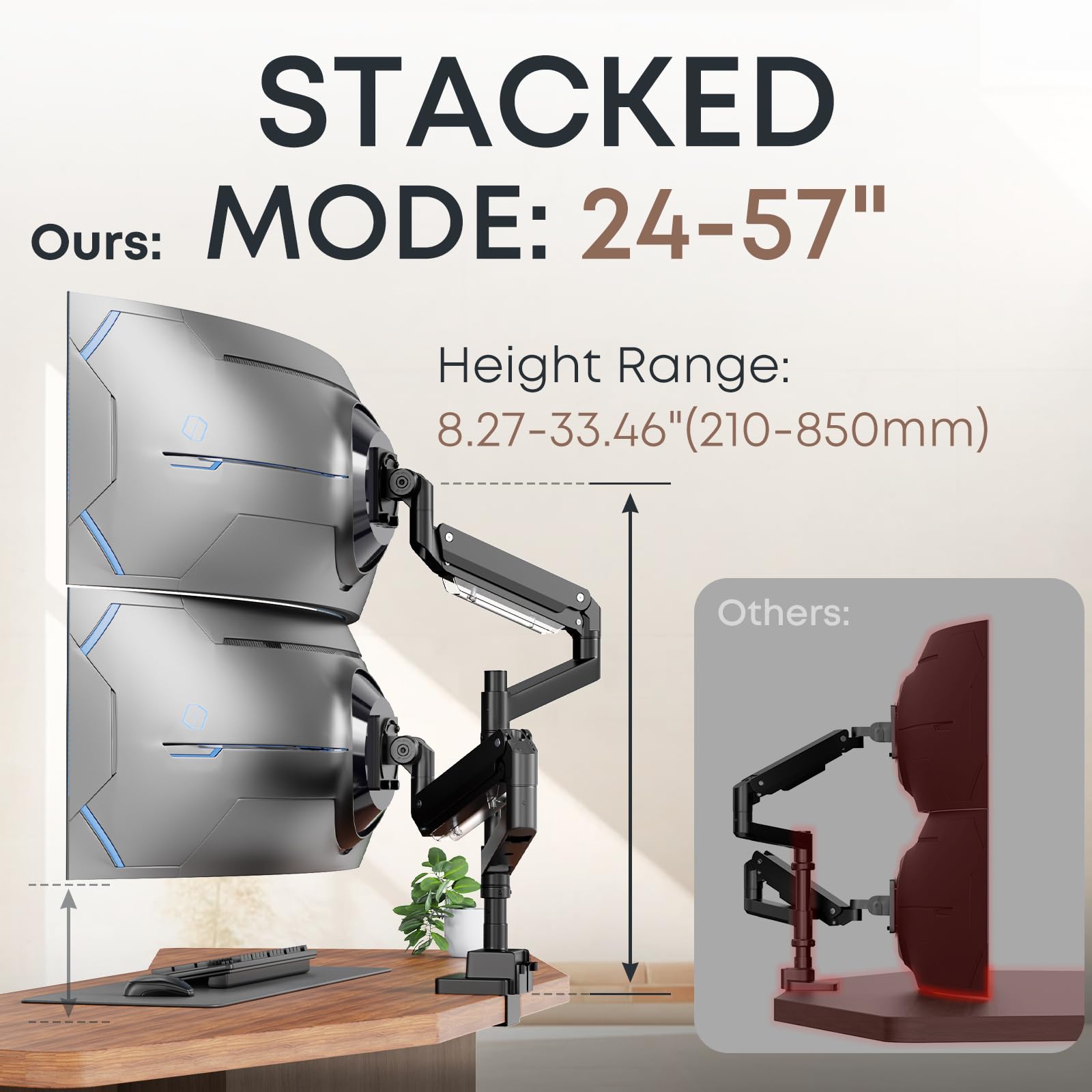 PUTORSEN 24-57 inch Dual Vertical Monitor Mount, Heavy Duty Monitor Arm for 2 Monitors, up to 59.4 lbs, Extra Tall/Wide Adjustable, Premium Aluminum Dual Monitor Desk Mount, VESA 75x75-200x200 mm