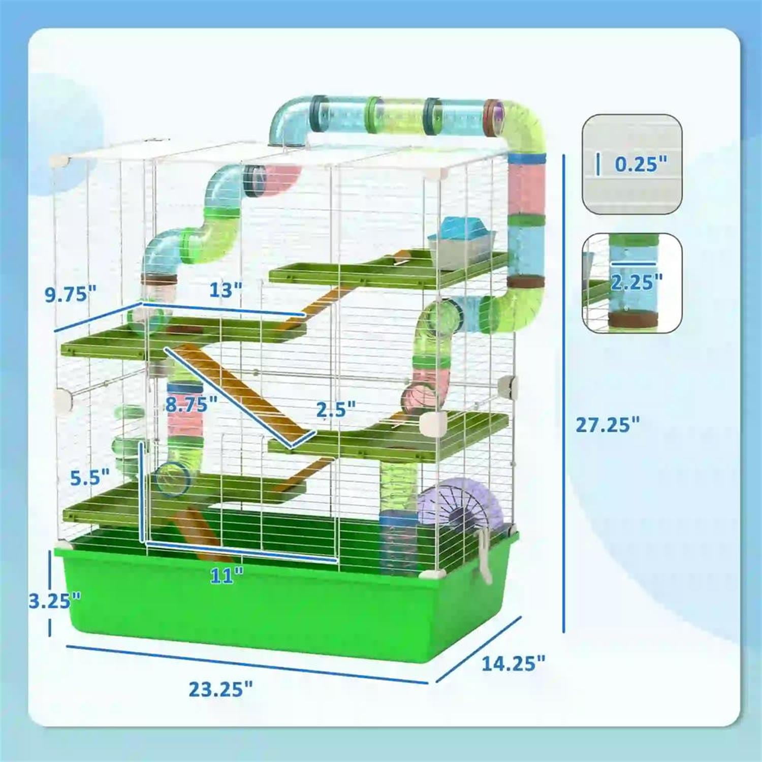 Kadyn 23" 5 Tiers Hamster Cage, Rodent Gerbil Mouse Mice Rat Wire Cage with Exercise Wheels and Water Bottle for Small Animal Habitats, Green