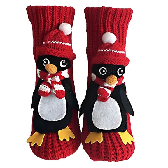 TELOLY 3D Knit Animal Socks, Cute Animal-Themed Soft Handmade Crochet Socks for Women Men, Warm Cotton Cozy Warm Floor Socks for Winter Indoor, Funny Gift Socks, Red Penguin