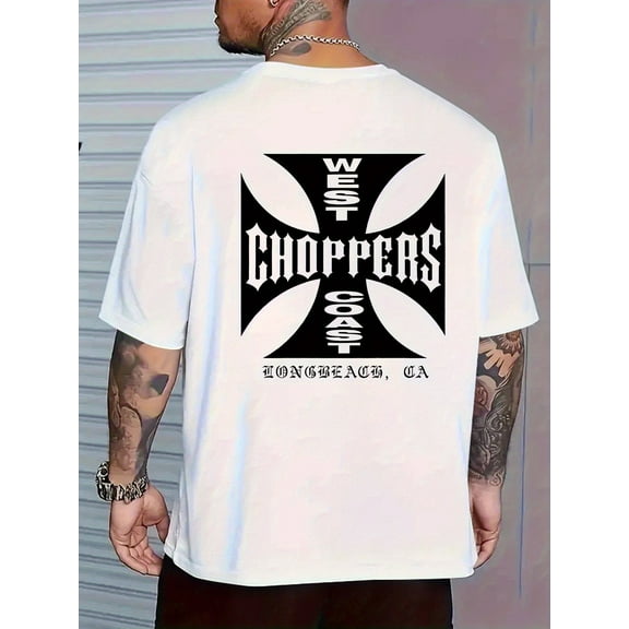 H987 Men's Black West Choppers Motorcycle Graphic T-Shirt - 100% Cotton Soft Stretch Short Sleeve Tee with Geometric Print, Round Neck Casual Summer Shirt for Casual Attire