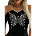 thumbnail image 5 of Gvmfive Women Blouses Rhinestone Short Sleeve Cold Shoulder Tunic Tops T Shirts, 5 of 6