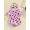 thumbnail image 2 of Suealasg Newborn Baby Girl Summer Outfits Short Puff Sleeve Floral Print Romper Bodysuit with Headband Set 2Pcs Birthday Photoshoot Dress Clothes, 2 of 8