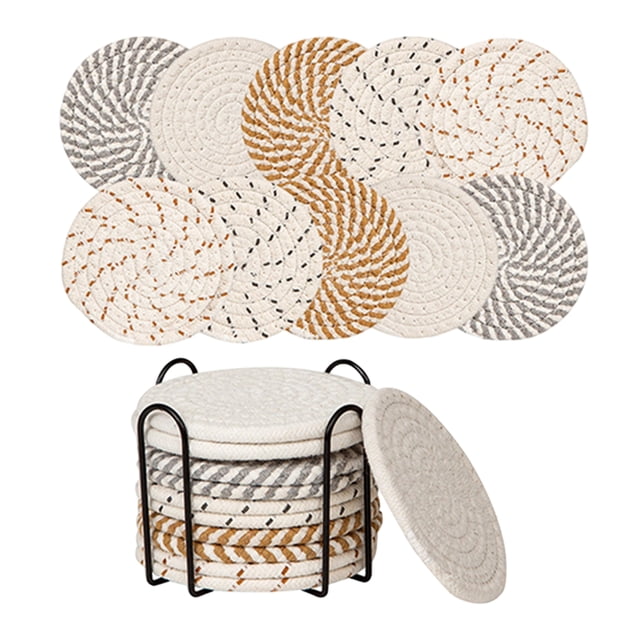 10Pcs Woven Coaster With Metal Rack, Multi-Color Spiral Cup Pad, Storage Coaster Set, Boho Kitchen Decor, Assorted Drink Mat, Two-Tone Spiral Woven Coaster Set With Iron Holder, Tabletop Cup Mat, G