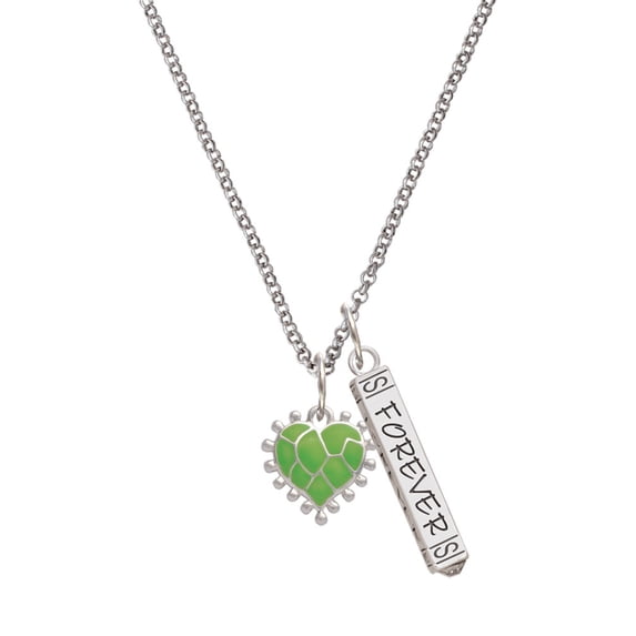 Delight Jewelry Silvertone Lime Green Giraffe Print Heart Silvertone Forever Bar Charm Necklace, 23"