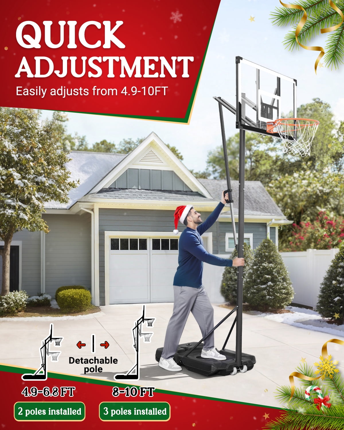 SERAY Basketball Hoop 4.9-10 feet Height Adjustable for Kids, Teens & Adults, 44 inch Backboard and Portable Wheels, Basketball Goal System for Outdoor/Indoor Sports