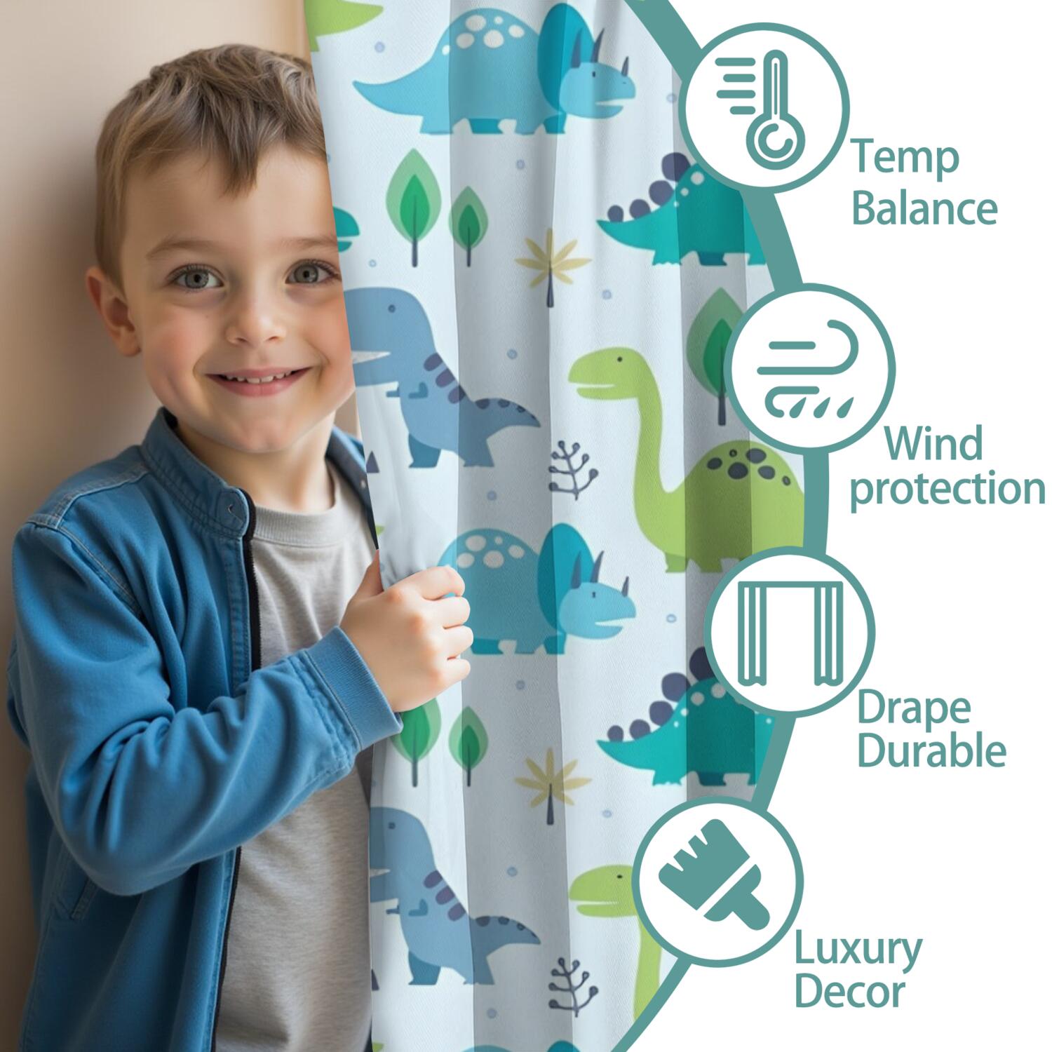 Blackout Kids Curtains,LightBlue Cartoon Dinosaurs Trees Pattern Childrens Insulated Curtains Set Of 2,Bedroom Essentials,Toddler Room Decor 52"x84"
