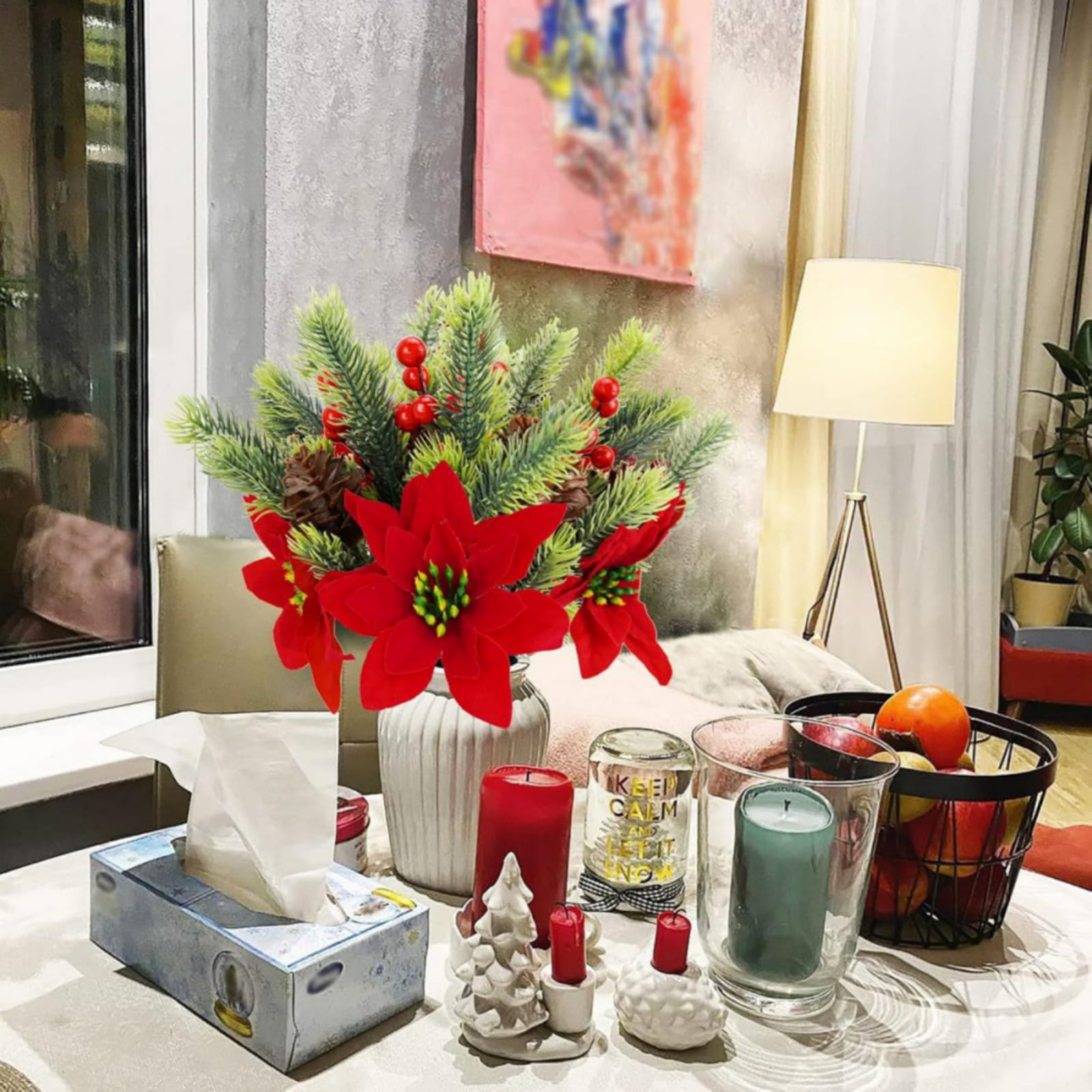 13.7 Inch Red Poinsettia Artificial Christmas Flowers Bouquet with Pine Cone Red Berry Pine Needle Artificial Plants Christmas Decor for Craft Xmas Tree Garland Home Indoor Outdoor 8 pack