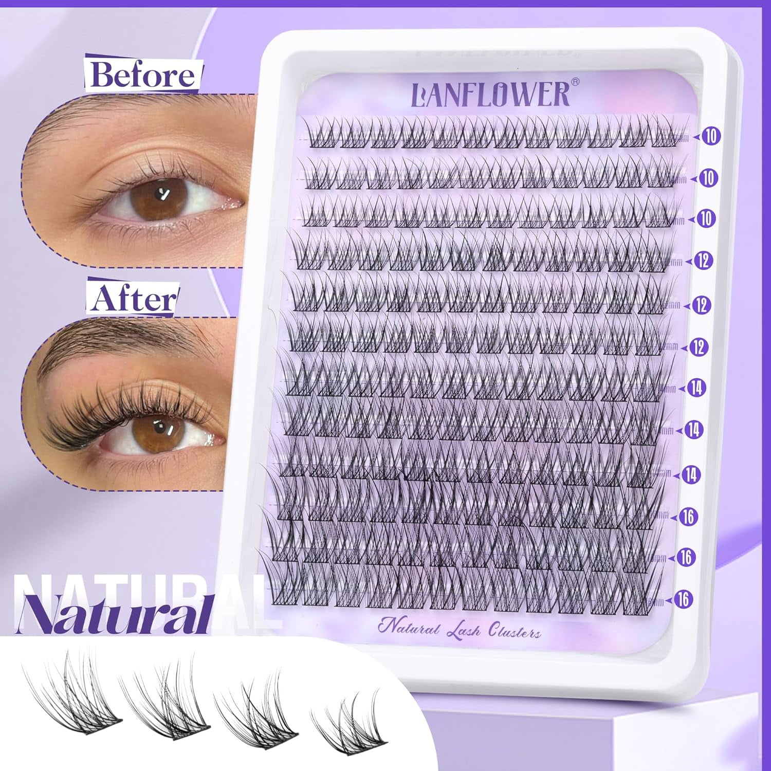 Natural Lash Clusters Kit Wispy Lash Extension Kit Waterproof Lash Clusters C Curved Cluster Eyelash Extensions Kit 144pcs Individual Lashes 10-16mm Eyelash Extension Kit