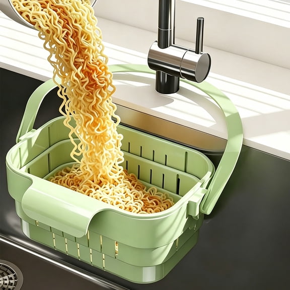 Foldable Hanging Sink Drain Basket Stretchable Kitchen Colander with Flip Cover Space Saving Food Strainer, Multi-functional Faucet Storage Rack Draining for Fruits Vegetables Utensils