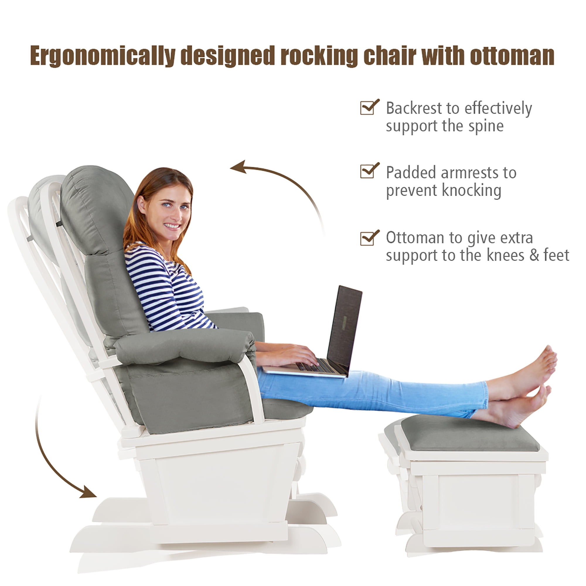 Costway Baby Nursery Relax  Rocker Rocking Chair Glider &Ottoman Set w/Cushion Light 3-6 Years Grey