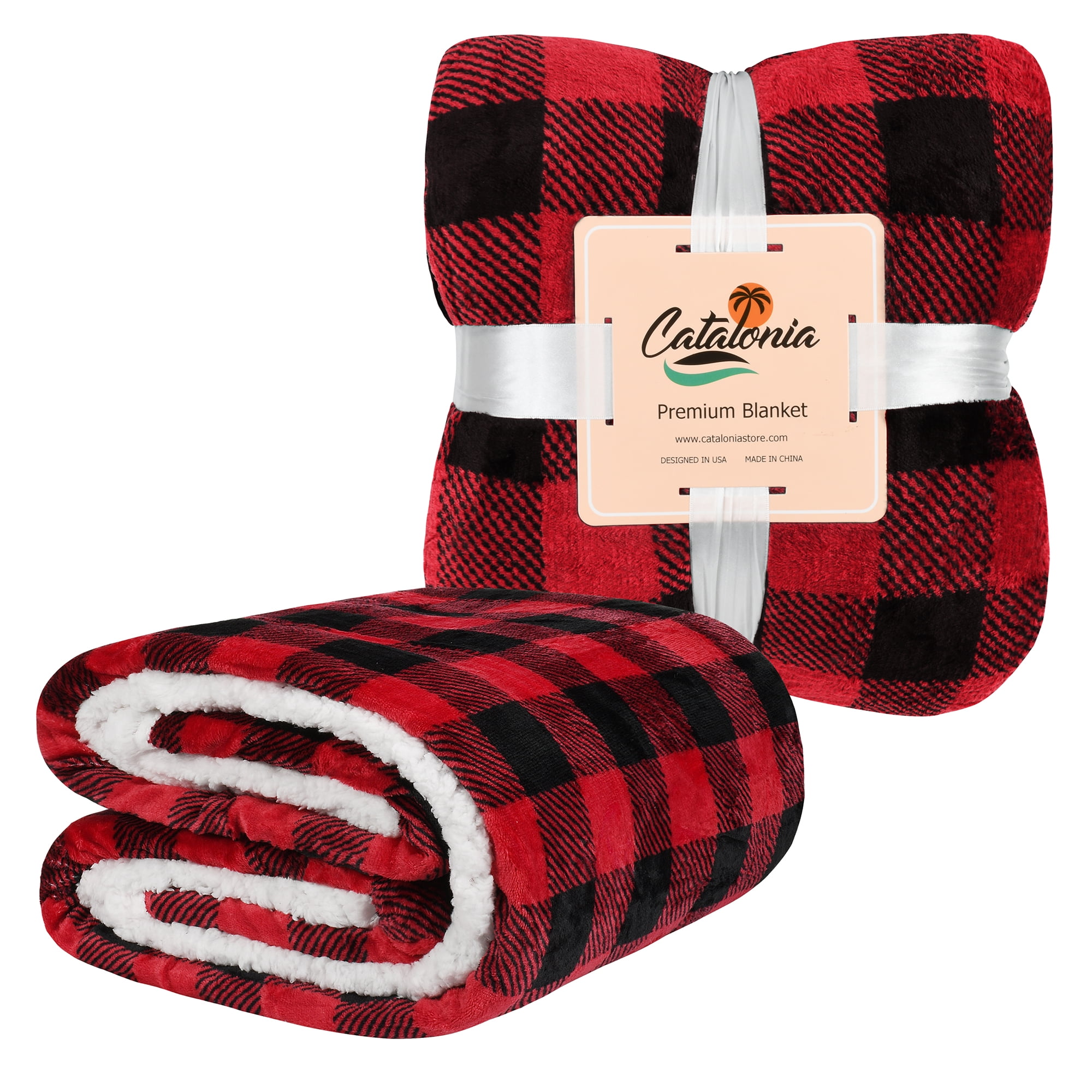Catalonia Buffalo Plaid Sherpa Throw Blanket, Super Soft Reversible Fleece Blanket for Cabin Bed or Couch, Red Plaid, 50"" x 60"".