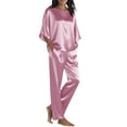 thumbnail image 2 of qolati Pajamas for Women Set 2 Piece Outfits Casual Loose 3/4 Sleeve Pullover Tops and Wide Leg Pants Set Satin Silk Pjs Matching Lounge Sets Pink XXL, 2 of 5