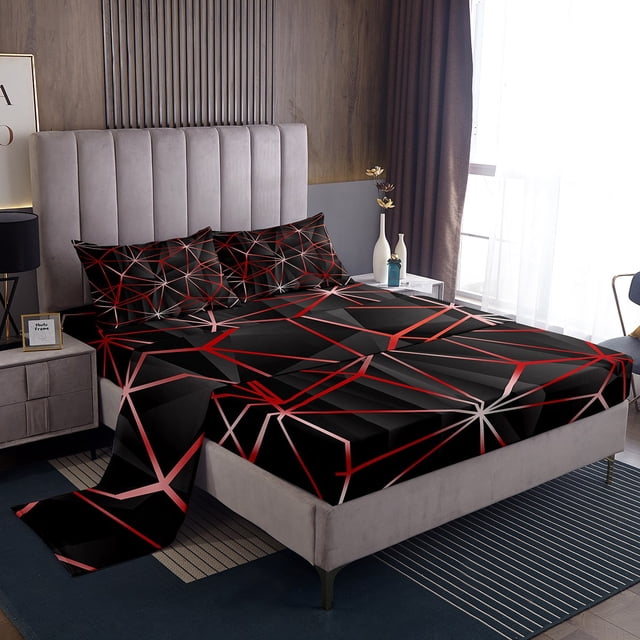 YST Geometric Fitted Sheet, Geometry Irregular Diamond Bed Sheets For Kids Teens Adult Women Bedroom, Lightweight Microfiber Sheet Set Abstract Triangle Top Sheet (Black Red, Full)