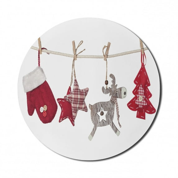 Christmas Mouse Pad for Computers, Traditional Xmas Celebration Items Hanging from Rope Clothespins Retro, Round Non-Slip Thick Rubber Modern Gaming Mousepad, 8" Round, Red Cream Tan, by Ambesonne