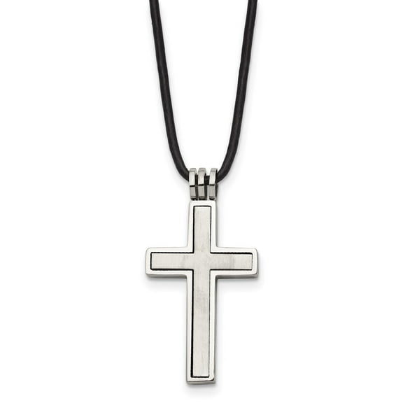 Auriga Fine Jewelry Stainless Steel Brushed and Polished 2 Piece Movable Cross Pendant on an Leather Cord Necklace for Men 18"