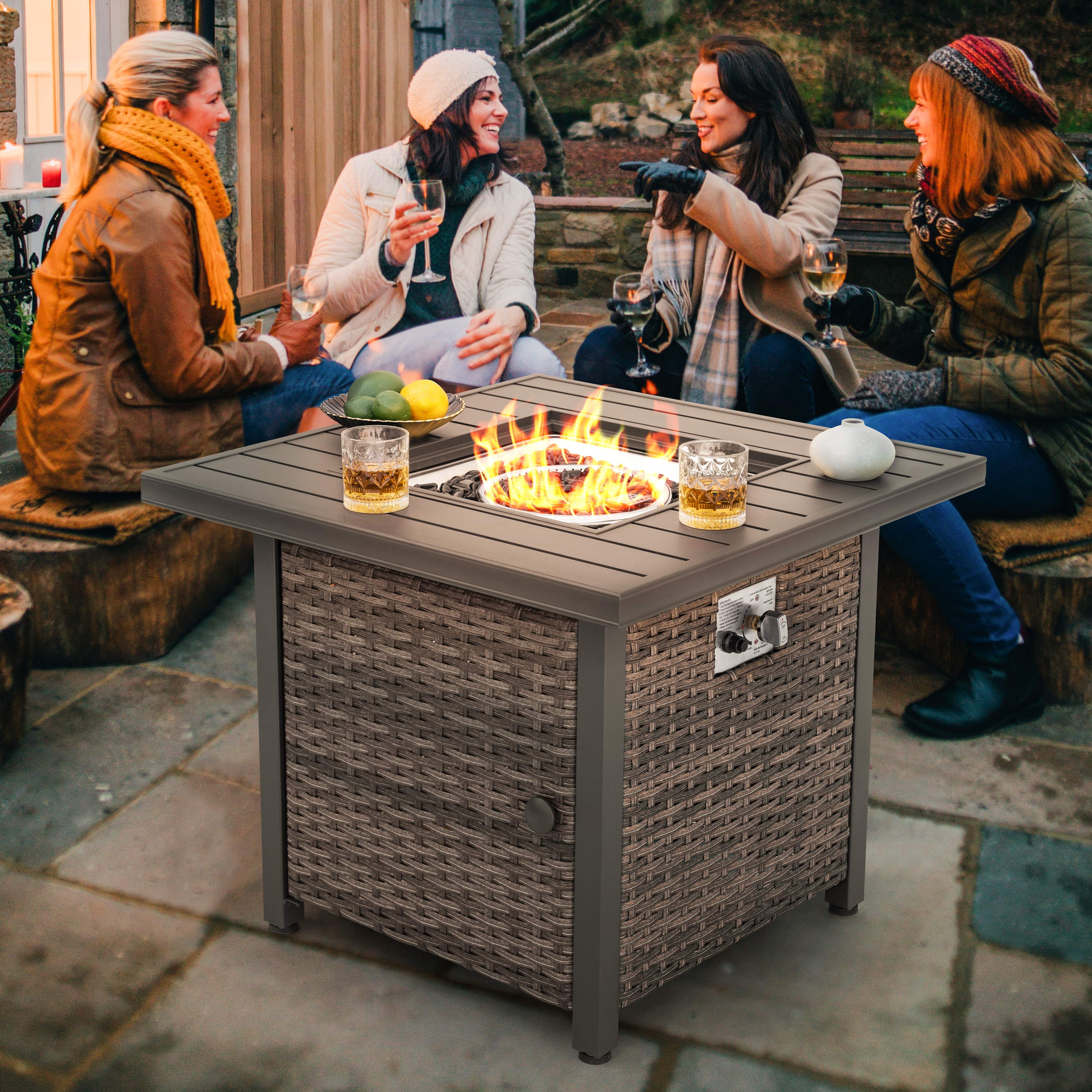 Nuu Garden 30 inch Outdoor Propane Fire Pit 50,000 BTU Gas Fire Pit Table with Lid, Hand-Woven Wicker, Square Gas Fire Pit Table with Glass Beads for Garden, Patio, CSA Certification