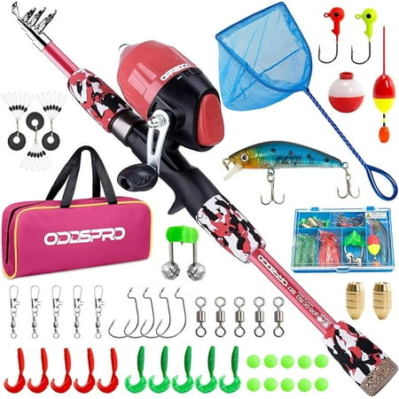 Kids Fishing Pole Pink Portable Telescopic Fishing Rod and Reel Combo Kit - with Spincast Fishing Reel Tackle Box for Girls Youth-xlk