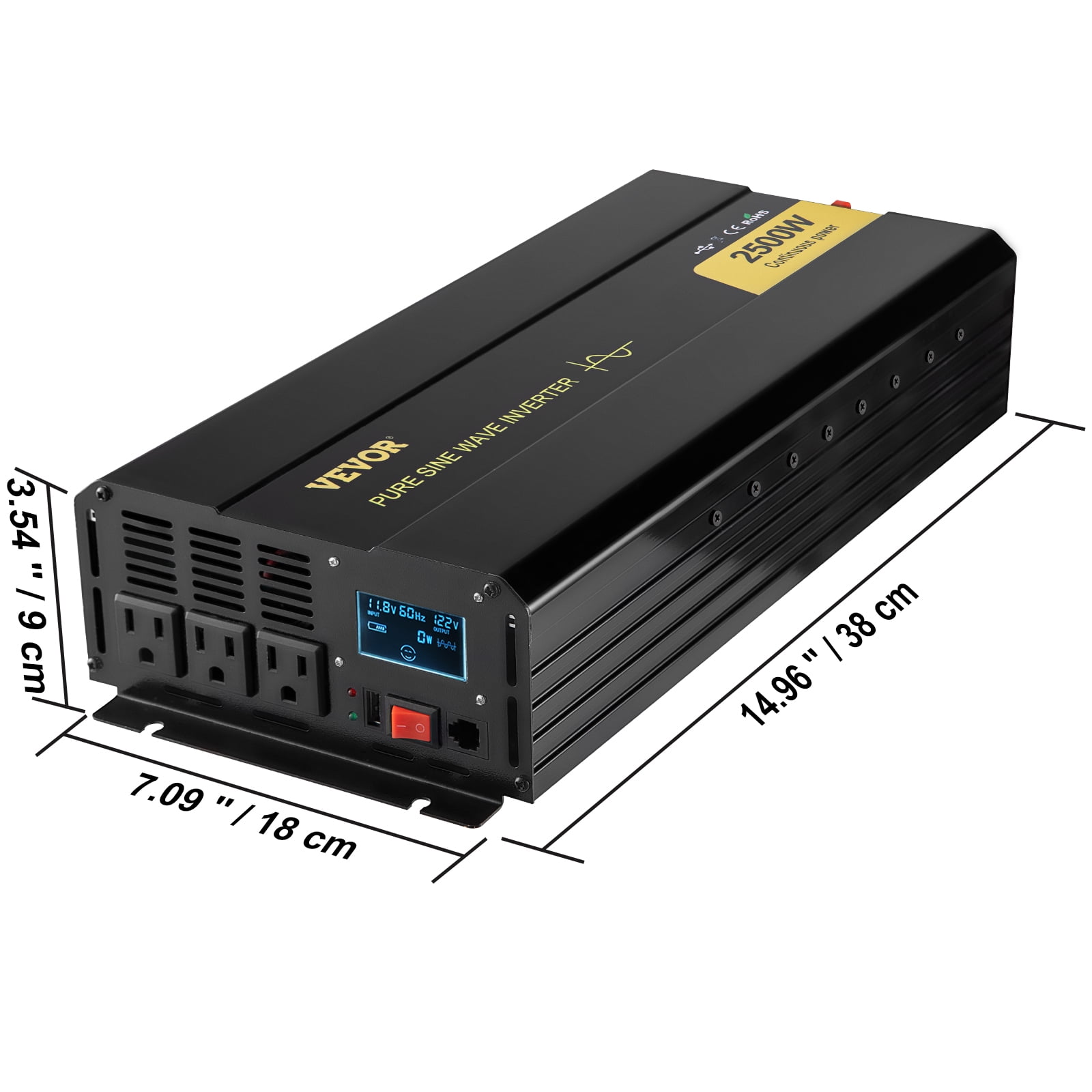VEVOR Pure Sine Wave Inverter, 2500 Watt Power Inverter, DC 12V to AC 120V Car Inverter, with USB Port, LCD Display, and Remote Controller Power Converter, for RV Truck Car Solar System Travel
