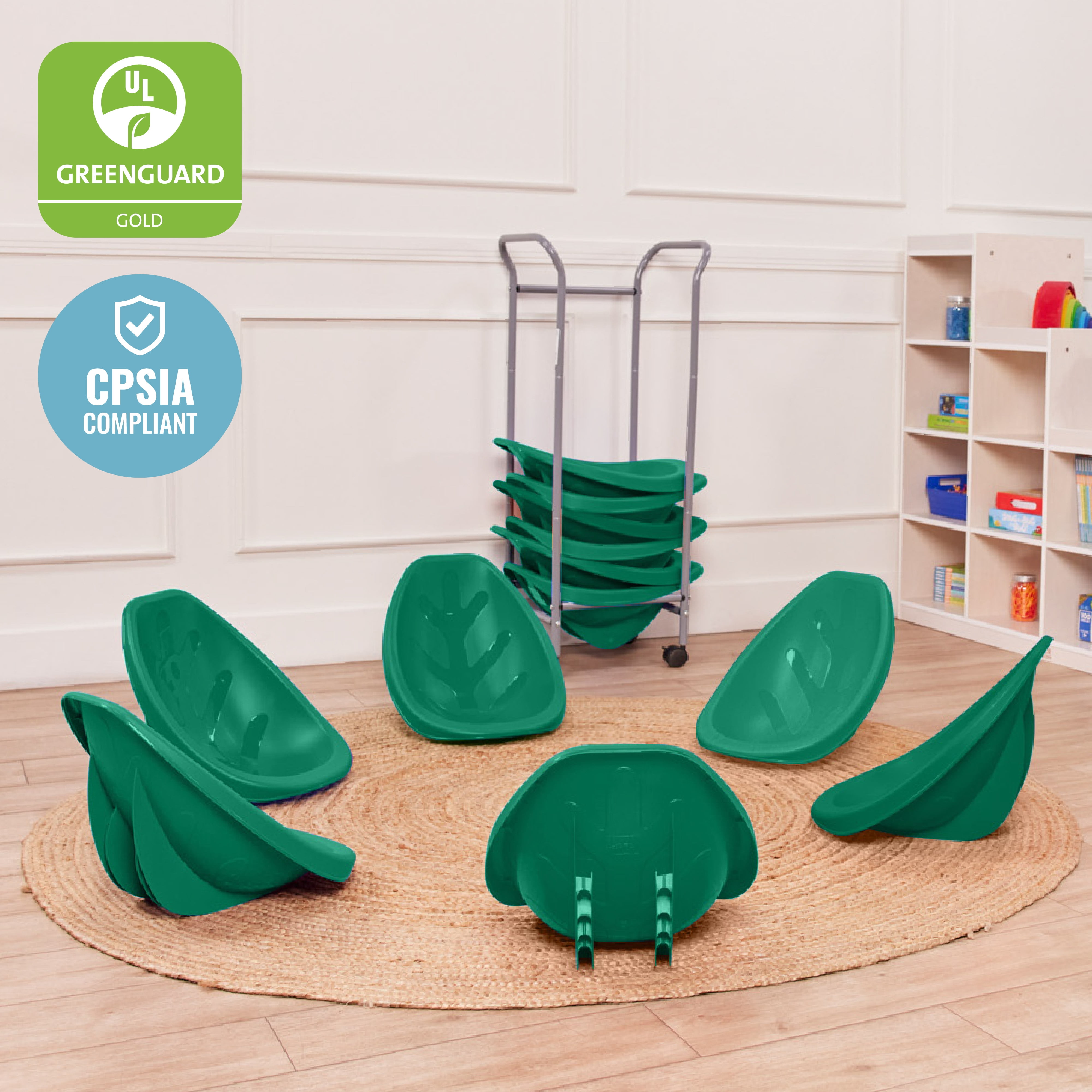 ECR4Kids Leaf Floor Seats with Mobile Leaf Seat Cart, Flexible Seating, Emerald, 12-Piece