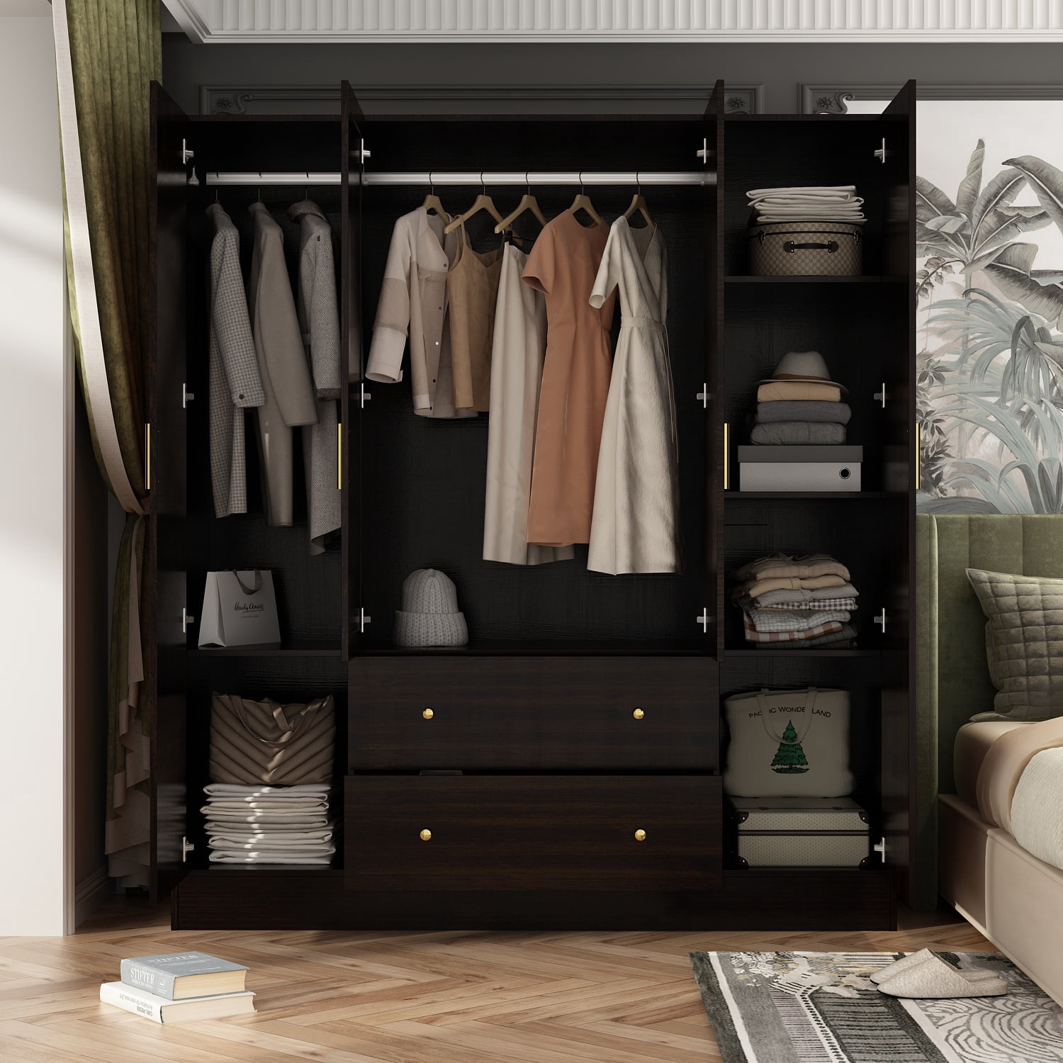 WIAWG Modern Mirrored Armoire Closet for Bedroom, 4 Door Wardrobe with Hanging Rods, Drawers and Shelves, Brown