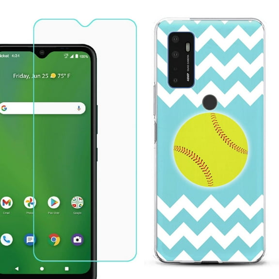 Shockproof Bumper Phone Case for AT&T Radiant Max 5G / Fusion 5G, with Tempered Glass Screen Protector, by OneToughShield ® - Chevron/Softball