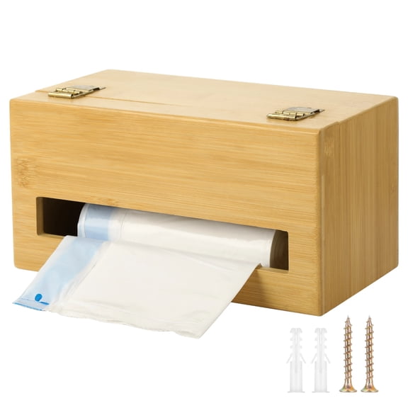 Wooden Trash Bag Dispenser, Rectangular Plastic Bags Holder with Hinged Lid, Wall Mounted Trash Bag Organizer Storage for Kitchen, Pantry, Utility Room