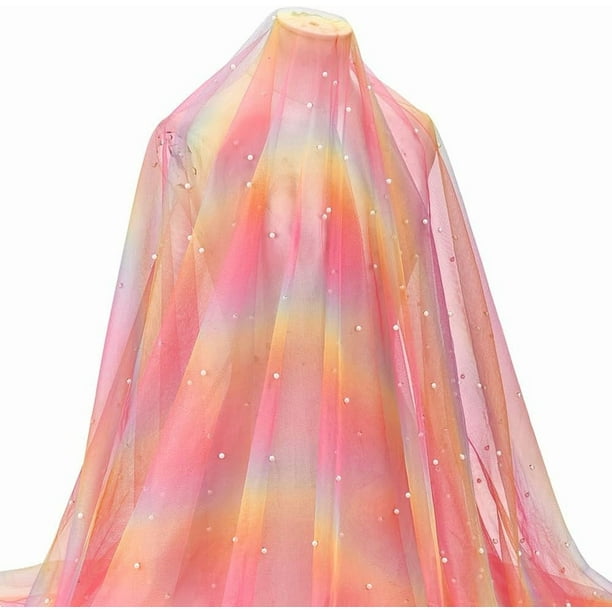 Tela de tul color coral claro perlado blanco de 2 yardas, 59 pulgadas, tela de malla de poliéster transparente arcoíris