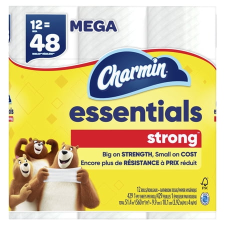 Charmin Essentials Strong Toilet Paper 12 Mega Rolls, 429 Sheets Per Roll