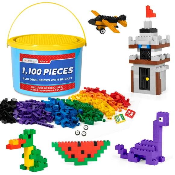 Play Platoon Juego de Ladrillos de Construcción de 1100 Piezas - Bloques Pequeños Clásicos a Granel - Surtido de Juguetes de Ladrillos para Niños - Incluye Ruedas, Neumáticos, Ejes, Ventanas y Piezas