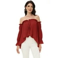 thumbnail image 4 of Womens Semi Sheer Boho Peasant Long Sleeve Off the Shoulder Top, Red, Large, 4 of 6