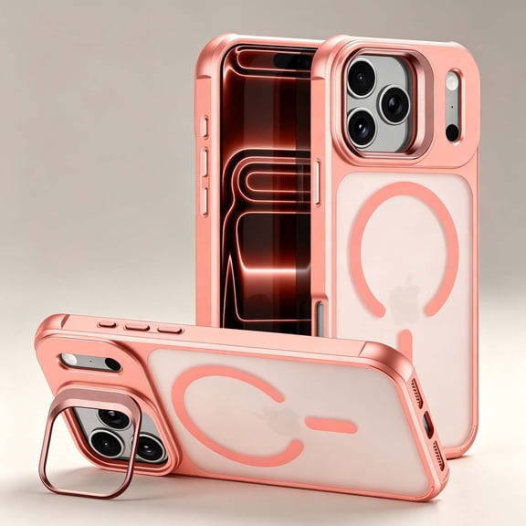 For iPhone 17 Pro Phone Case,Contractile Adjustable Lens Ring Kickstand,Compatible with Wireless Charging,Anti-Scratch Matte Translucent Back,Shockproof Non-Slip Phone Case,Pink