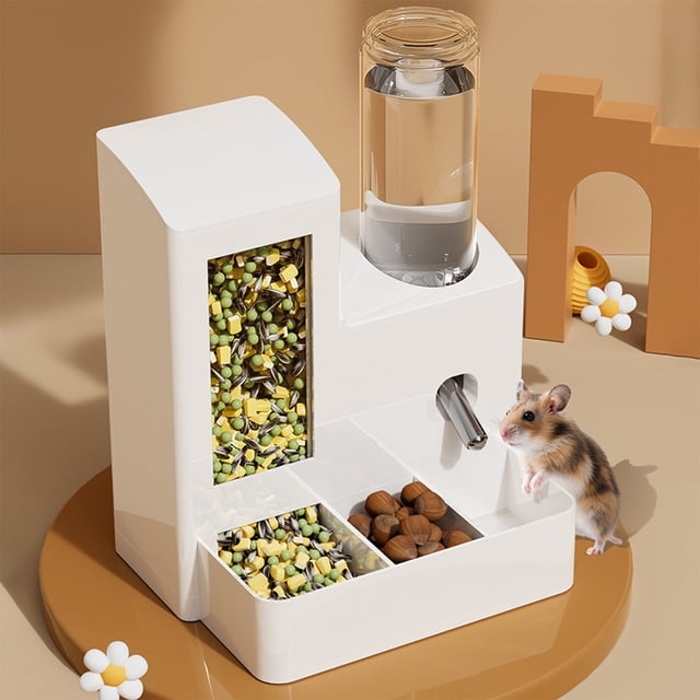 Comedero automático para hámster y dispensador de agua 2 en 1 - Gran capacidad, a prueba de derrames, fácil de limpiar, plástico transparente, compacto 16,5x14x11cm, blanco/azul/rosa