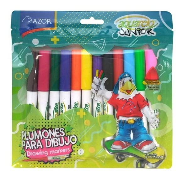 Plumones Azor Aquarelo junior punto fino 12 pzas