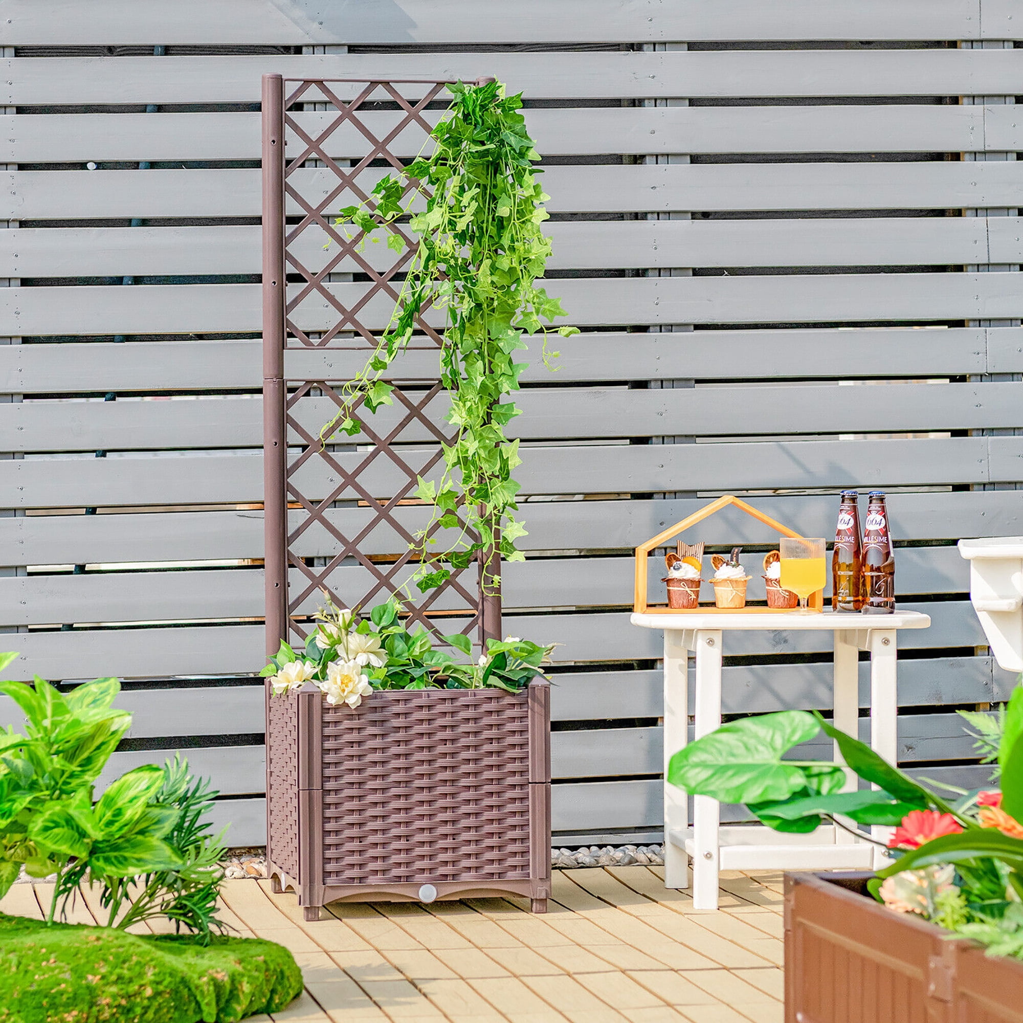 Gymax Raised Garden Bed w/Trellis Planter Box for Climbing Plants 16'' x 16'' x 53''