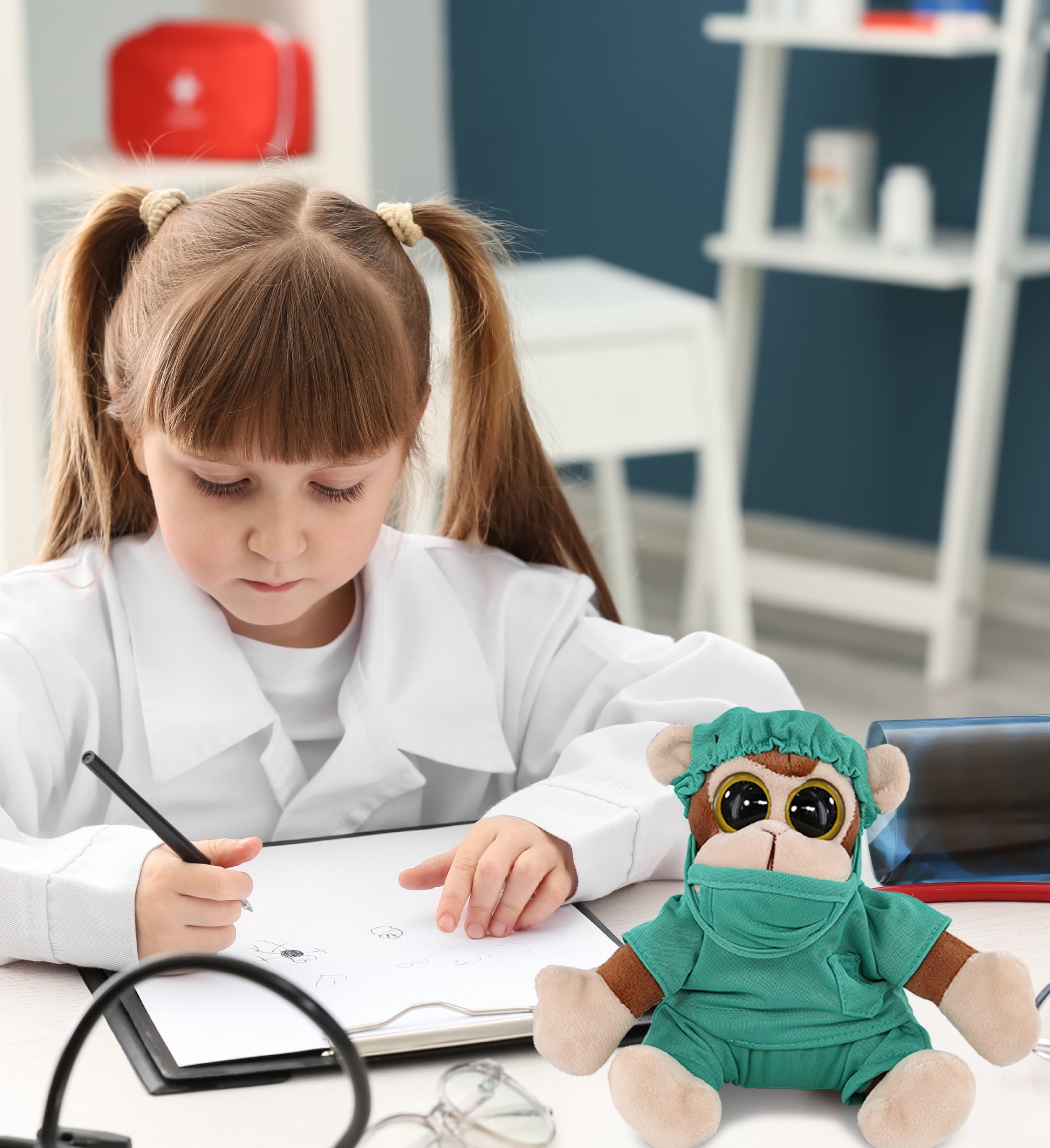 DolliBu Monkey Big Eye 6-inch Doctor Plush Toy - Super Soft Monkey Doctor Stuffed Animal Dress Up with Cute Scrub Uniform and Cap Outfit - Fluffy Doctor Toy Plush Gift - 6 Inches