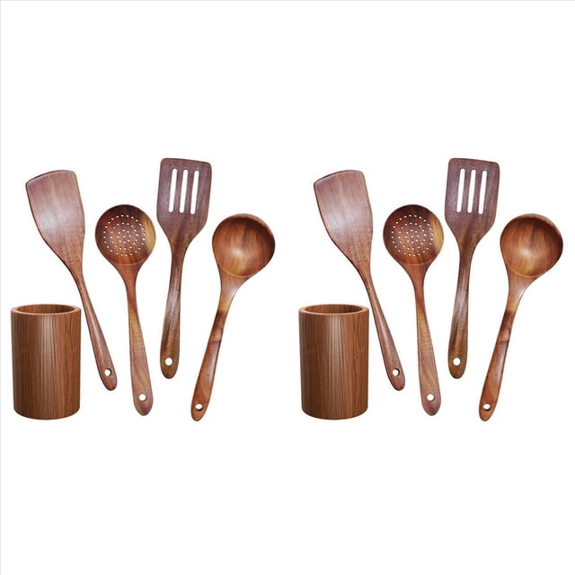 Vajilla de Madera, Juego de Vajilla de Cocina de Teca con Soporte, Adecuado para Utensilios de Cocina Antiadherentes, Cuchara de Pala de Madera Cocinar 10 Piezas