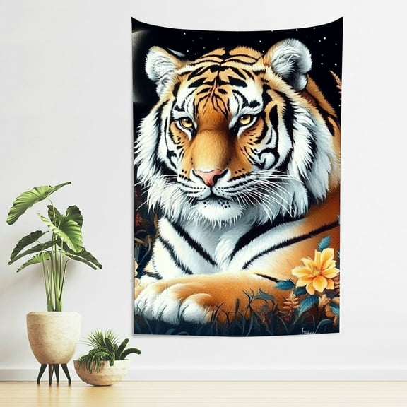 ZFLMY Tiger Flowers Moon Print Tapestry Wall Hanging 4 Sizes 40*60in