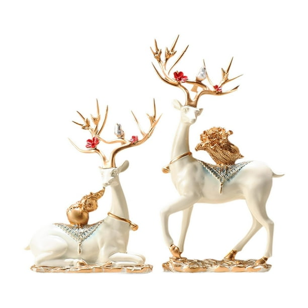 2 estatuas de ciervo, colección de decoración Feng Shui, figuras de alce, regalo de inauguración de la casa Blanco