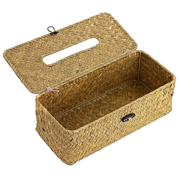 Wicker Storage Basket with Lid, Natural Seagrass Storage Baskets for Organizing, Rectangular Woven Basket for Storage, Decorative Boxes Bins with Lids Home Organizer Decor
