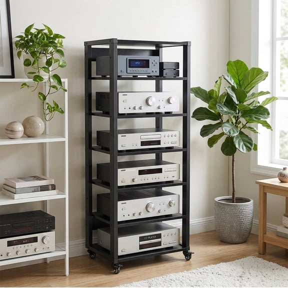 Qiyester 7-Tier Media Rack, Modern Floorstanding Speaker Stand/Tower Audio Media Stand with Adjustable Shelves and Wheels, Suitable for Record Players, DVDs, TV Boxes