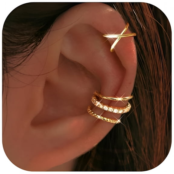 DESIGNICE 4 Pair Ear Cuffs Non Piercing - 14K Gold Plated Ear Cuff Earrings for Women Cubic Zirconia Clip on Cartilage Conch Earrings for Non Pierced Ears Adjustable Fake Earrings Set for Women
