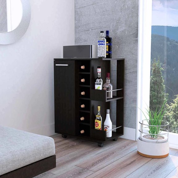 Magda Bar Cart, Four Caster, Six Wine Cubbies, Single Door Cabinet, Two External Shelves 100% AUTHENTIC MONEYBACK GUARANTEE 100% AUTHENTIC MONEYBACK GUARANTEE