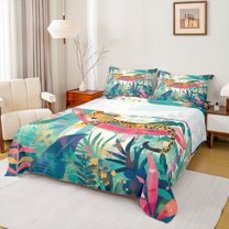 Feelyou Kawaii Leopard Cheetah Twin Sheet Sets, Green Leaves Botanical Twin Fitted Sheet, Cute Jungle Animal Flat Sheet, Microfiber Bedroom Decor, 3pcs