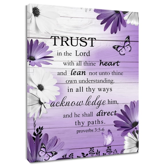 Christian Bible Verse Wall Art for Bathroom, Purple Butterfly Floral Canvas Wall Art Farmhouse Inspirational Artwork Wall Decor for Bedroom Living Room with Framed, Ready to Hang 16Lx12W Inch