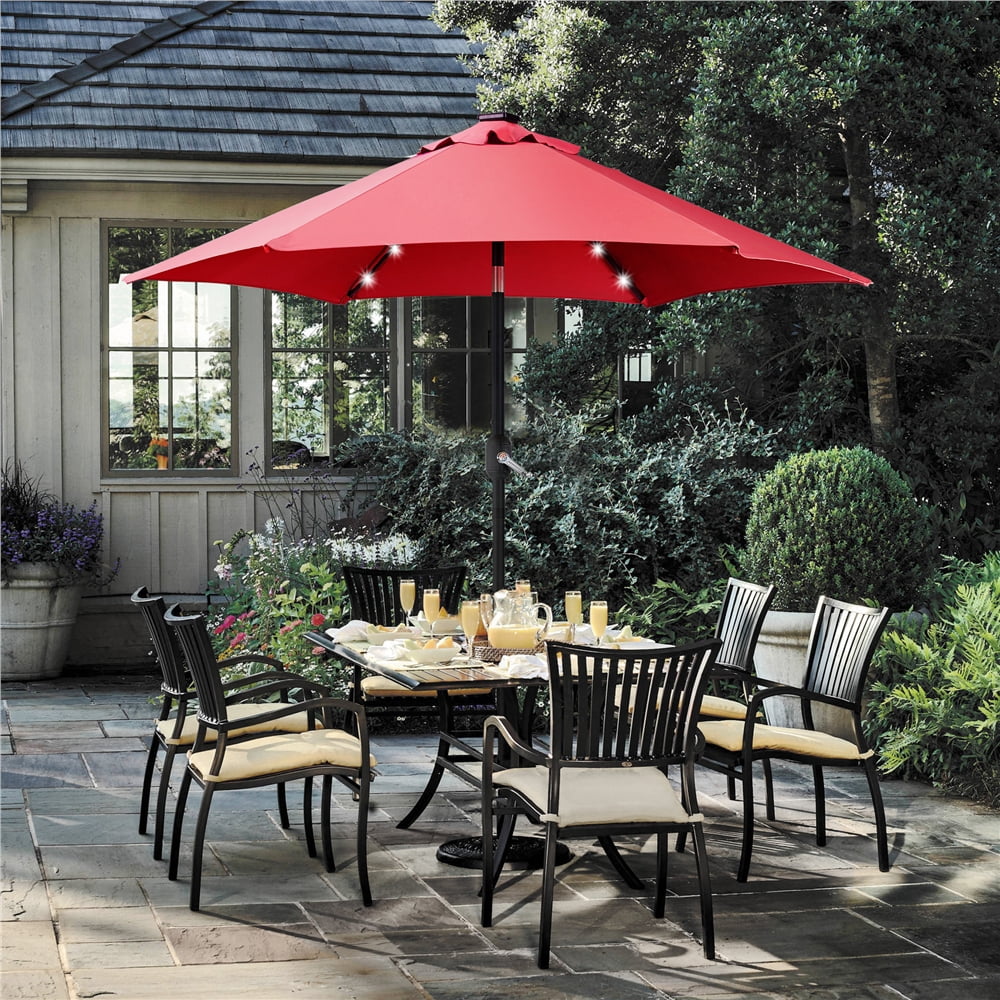 Alden Design 7.5ft Standard Patio Umbrella with LED Lights, Red