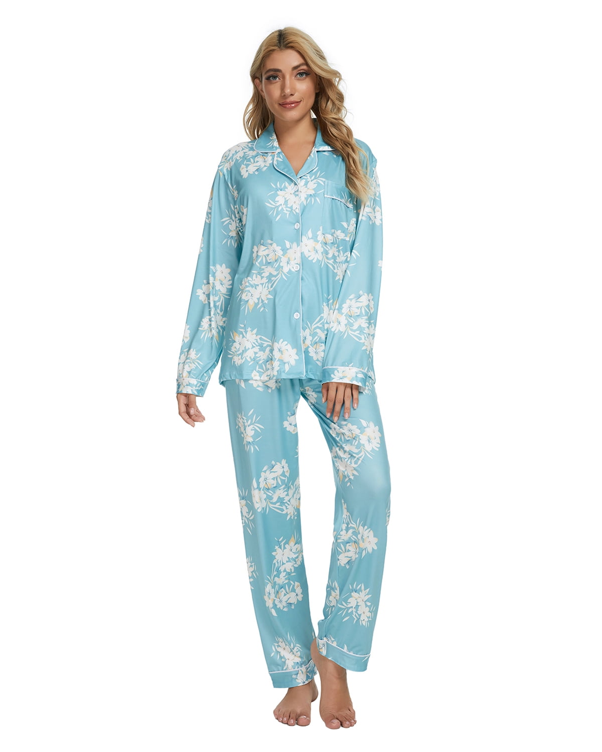 MintLimit Women's Floral Pajamas Set ButtonDown Long Sleeve Vneck