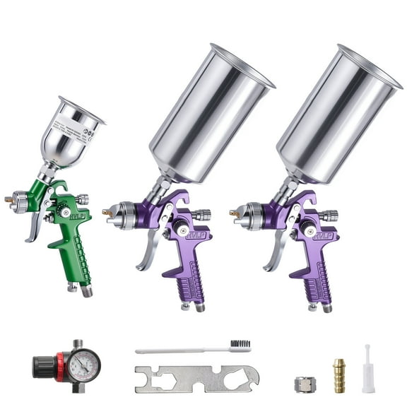 KFFKFF 3-Piece Air Spray Gun Kit, Professional Paint Sprayer Set with 3 Nozzles (1/1.4/1.8mm), 3 Cups & Air Regulator, Gravity Feed Spray Gun for Primer, Topcoat & Touch-Up