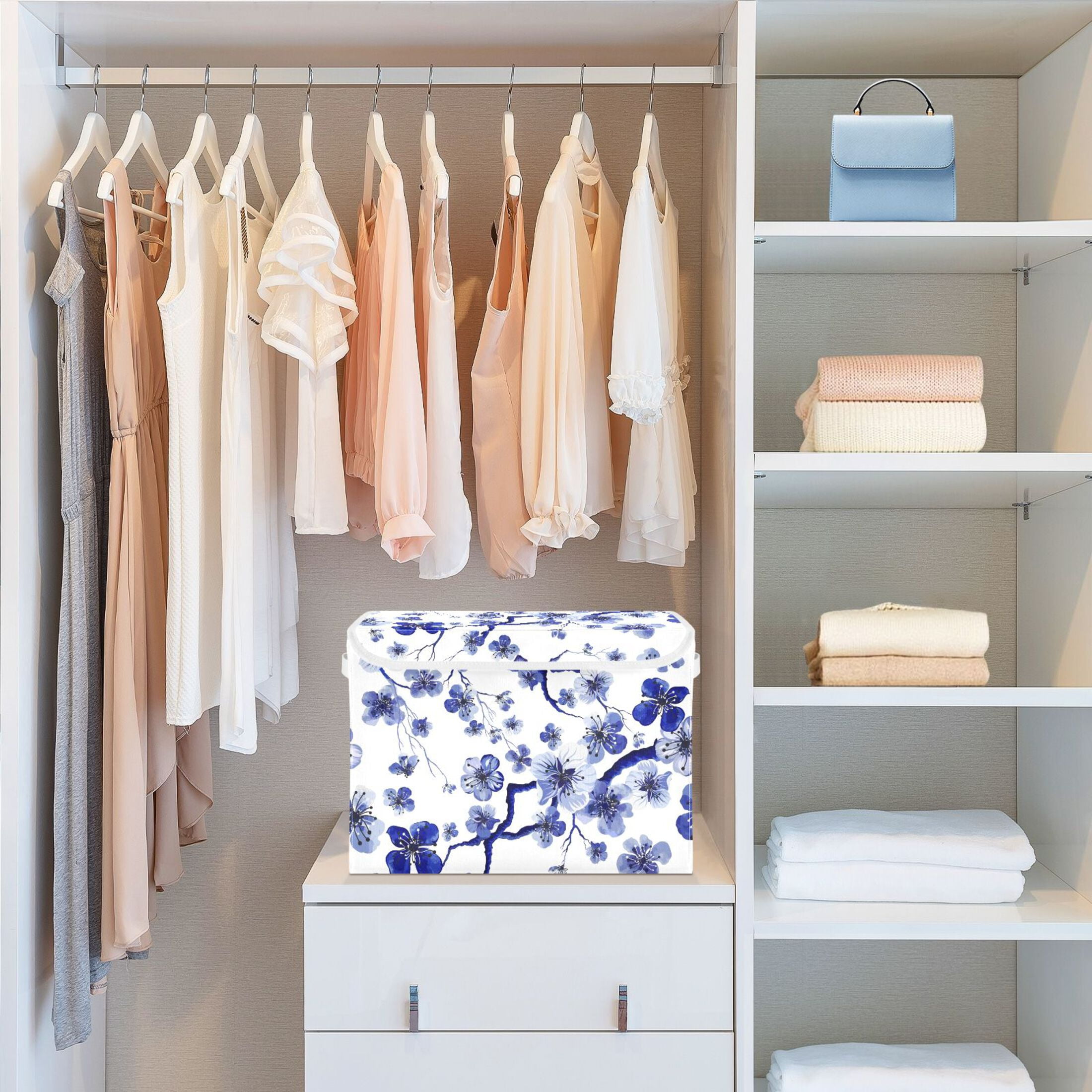 Flowes Floral Blue Large Lidded Storage Bin Foldable Storage Boxes Cubes Baskets Lids with 2 Handles for Home Bedroom Office 16.5x12.6x11.8inch