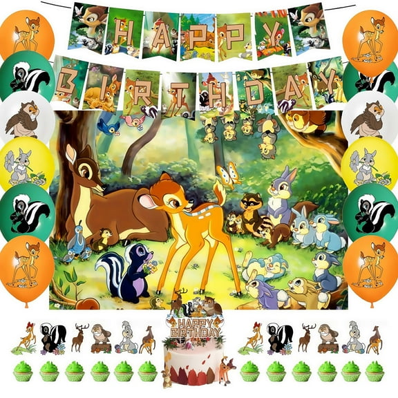 Cartoon Bambi theme birthday party supplies decoration, birthday set includes birthday banner, background cloth, balloons, cake decoration, suitable for boys and girls birthday party supplies